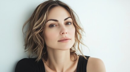 Fototapeta premium Natural Beauty Portrait of a Woman with Soft Waves and Minimal Makeup