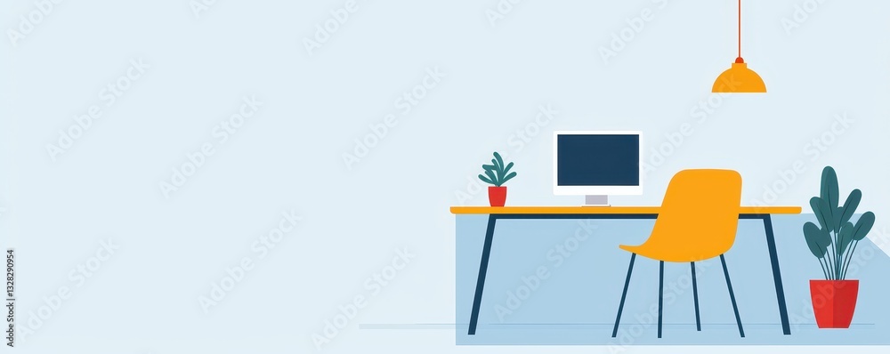 Poster a modern workspace featuring a desk, computer, and potted plants, creating a fresh and minimalistic 