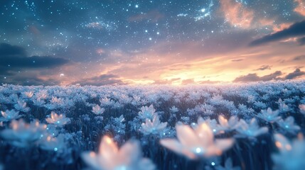 vast field of tiny crystal flowers blooming under a starlit sky