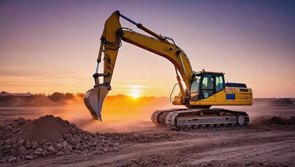 Construction Sunrise: A massive yellow excavator stands as a silhouette against a vibrant sunrise sky. captured construction site in the morning with heavy machinery.