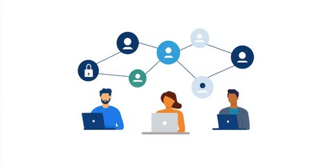 Three individuals work on laptops, connected by a network. Icons represent communication and security in a digital environment.