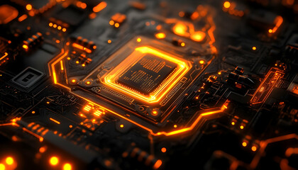 Advanced Circuit Board Design with Orange Lighting for Technology Concept