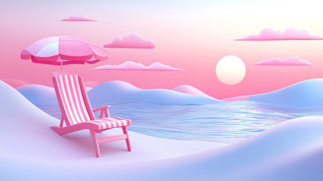 serene beach scene with pink umbrella and chair, evoking summer vibes