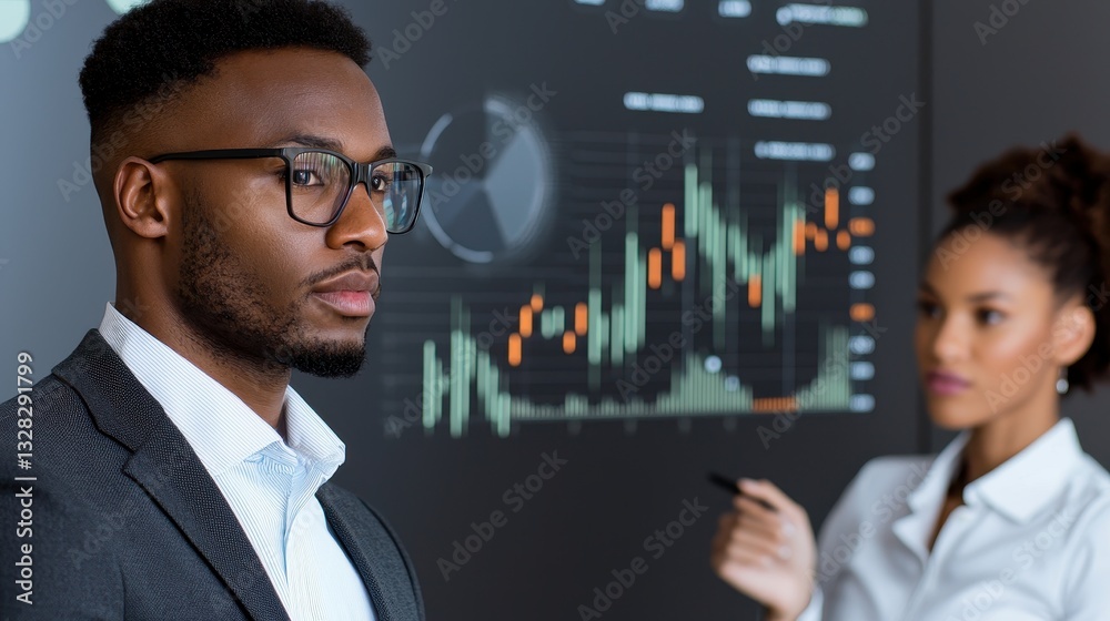 Poster a professional discussion about financial data, featuring a man in a suit and a woman presenting ins