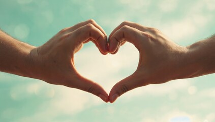 Obraz premium Heartfelt Gesture: A tender moment captured as two hands come together, forming a heart against a soft, blurred background. A simple yet profound symbol of love, connection, and human emotion. 