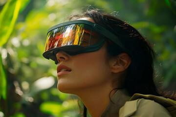 Woman wearing futuristic visor surrounded by tropical foliage exploration