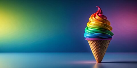 Colorful Rainbow Soft Serve Ice Cream in Cone on Vibrant Gradient Background