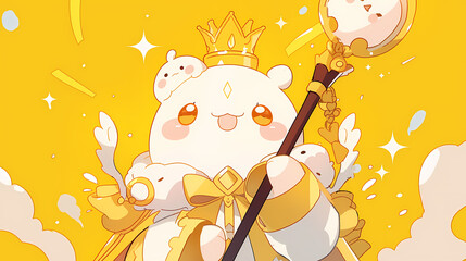 Fototapeta premium Adorable cartoon character resembling a royal figure, surrounded by fluffy companions against a bright yellow background