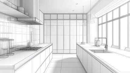 kitchen where white countertops and a folding screen near a bright white wall enhance the sense of space and simplicity