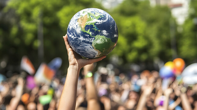 Earth held high, protest crowd