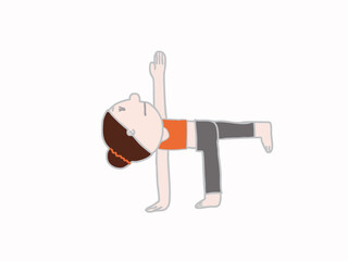 A side view of an illustrated woman with a cute face and hair tied up doing the twisted half moon yoga pose