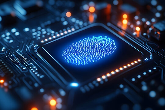 Biometric Technology Microchip Security System with Glowing Fingerprint Scan - Powered by Adobe