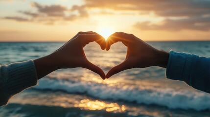 Sunset Serenade: Hands gracefully forming a heart shape as the sun kisses the horizon. Evoking feelings of love and peace.