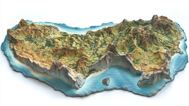 Detailed 3D topographic map of an island