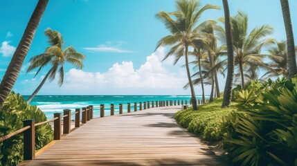 Fototapeta premium boardwalk palm trees ocean