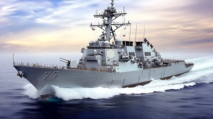 Modern warship sailing on ocean at sunset.