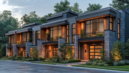 Fototapeta premium Modern architecture of elegant townhouses with glass windows and lush greenery illuminated at dusk surrounded by trees and landscaped pathway