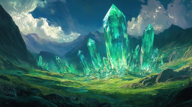 dreamlike landscape where giant crystals grow among lush emerald fields