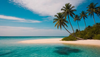 Palm trees on the sandy beach of a beautiful bay.
