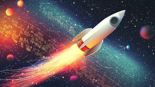 Dynamic vector illustration of a rocket in flight representing independence career advancement and product innovation with a background of cosmic particles and digital data streams