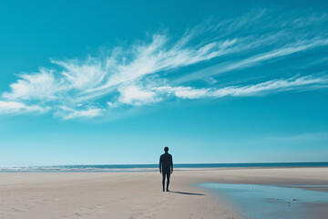 man walking on the beach looking out to see with blue sky and clouds 