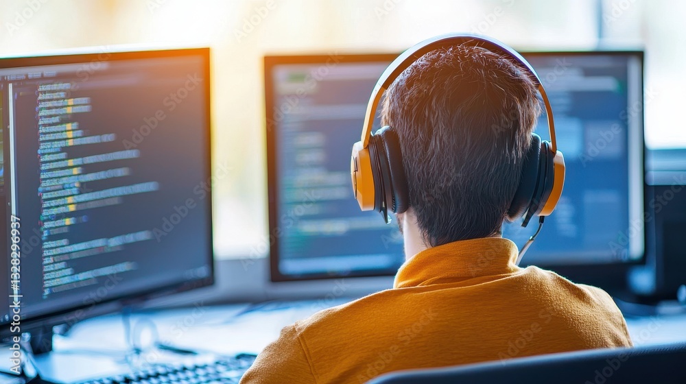 Fototapete A person wearing headphones is focused on coding at dual computer screens, immersed in a programming environment with soft sunlight illuminating the workspace.
