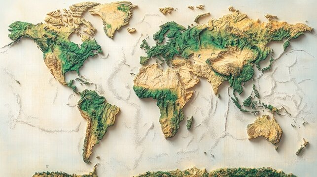 Fototapeta Detailed world map, 3D relief (1)