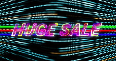 Animation of huge sale text in vibrant colors over digital light pattern - Powered by Adobe