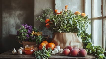 Obraz premium Sunday morning kitchen where a grocery bag contains freshly harvested herbs, seasonal fruits, and homemade jam