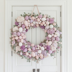 A vibrant Easter wreath made of dyed eggs, wildflowers, and fresh greenery hanging on a wooden door