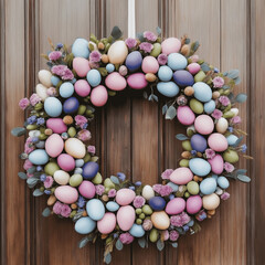 A vibrant Easter wreath made of dyed eggs, wildflowers, and fresh greenery hanging on a wooden door