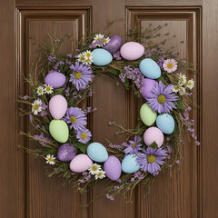 A vibrant Easter wreath made of dyed eggs, wildflowers, and fresh greenery hanging on a wooden door