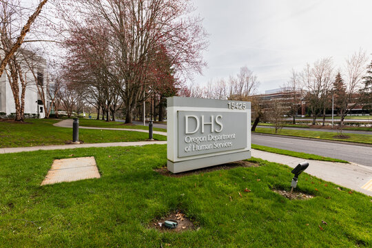 Beaverton, OR, USA - March 9, 2025 - High-Resolution Editorial Photo of the Oregon Department of Human Services (DHS) Sign, Marking the Entrance to the Government Office Providing Public Assistance