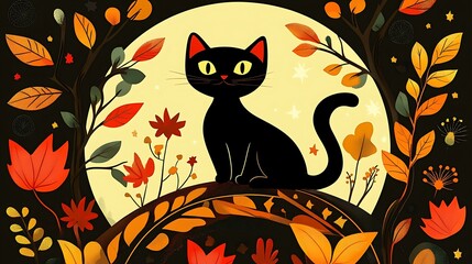 Autumnal Black Cat Illustration: Harvest Moon Night Scene AI Generated