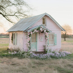 A charming countryside cottage adorned with spring flowers and Easter decorations, rustic and inviting