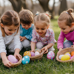 children playing with easter eggs in garden