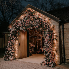 entrance to the old house covered in flowers
