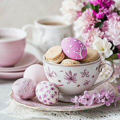 A vintage-inspired Easter tea party with delicate china, scones, and hand-painted eggs on a lace tablecloth