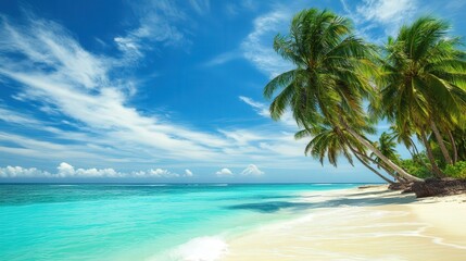 tropical summer beach scene, with palm trees swaying, bright turquoise waters, and a cool breeze.