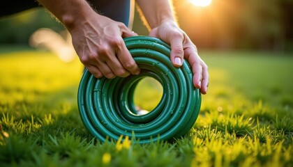Hands holding green garden hose reel for landscaping blogs, gardening tutorials, yard maintenance guides