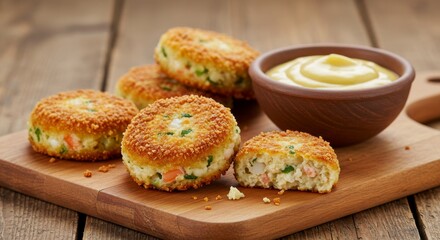 Delicious Crispy Breaded Fish Cakes with Mustard Dip on Wooden Board