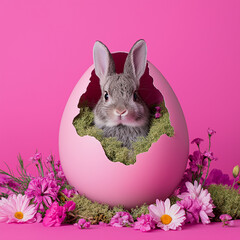 A whimsical rabbit peeking out of a hollowed-out Easter egg, surrounded by moss and tiny flowers