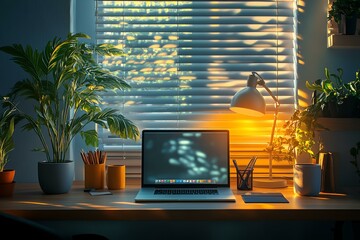 A cozy workspace featuring a laptop, desk lamp, and green plants. Warm light streams through the blinds, creating a serene atmosphere ideal for productivity and creativity.