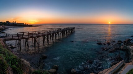Fototapeta premium Sunset over ocean pier, coastal rocks, tranquil scene; travel postcard