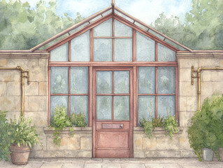Watercolor Greenhouse with Plants and Stone Exterior