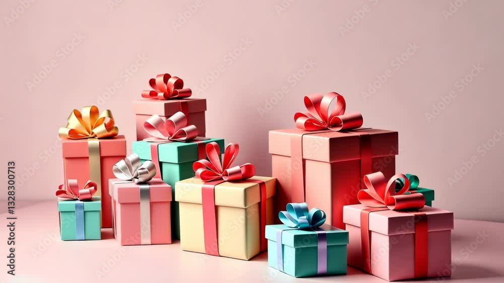 Aufkleber A stack of colorful boxes with pink bows on them. The boxes are of different sizes and colors