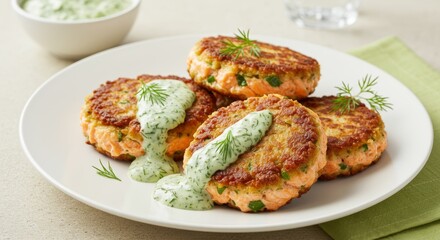 Delicious Salmon Patties with Creamy Dill Sauce Close up Food Photography