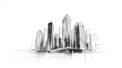 Architectural sketch of a city skyline; urban design concept; use in presentations, publications, or educational materials