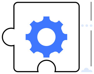 Blue gear inside puzzle piece emphasizing teamwork, integration, efficiency, cooperation, strategy, connection, solutions. Ideal for innovation, technology process mechanics planning flat simple