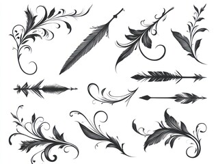 Collection of decorative feathers, arrows, and floral elements in grayscale.